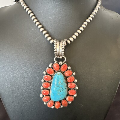 Turquoise Spiny Oyster Cluster Pendant Navajo Sterling Silver