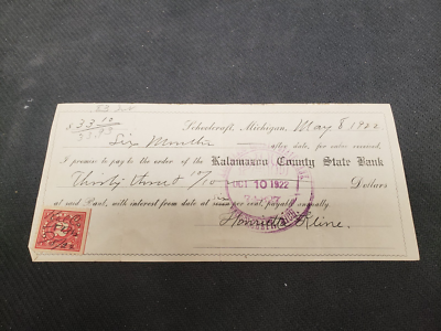 #ad #ad 1922 Kalamazoo County Bank Schoolcraft Michigan Bank Check w 2c Tax Stamp $10.00