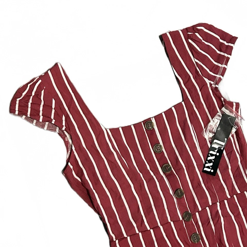 Trixxi Back Cut Out Stripe Button Down Scoop Neck Cap Sleeve Maxi Dress M NWT - Image 2 of 4