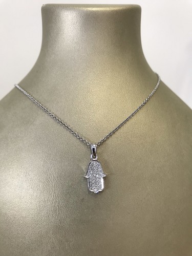 Solid White 14k Gold Hamsa Paved Necklace With 0.14 Carats of Real H/SI Diamonds - Picture 3 of 6