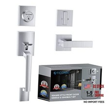 Front Door Handle Set, Heavy Duty Square Door Lever Satin Chrome Single