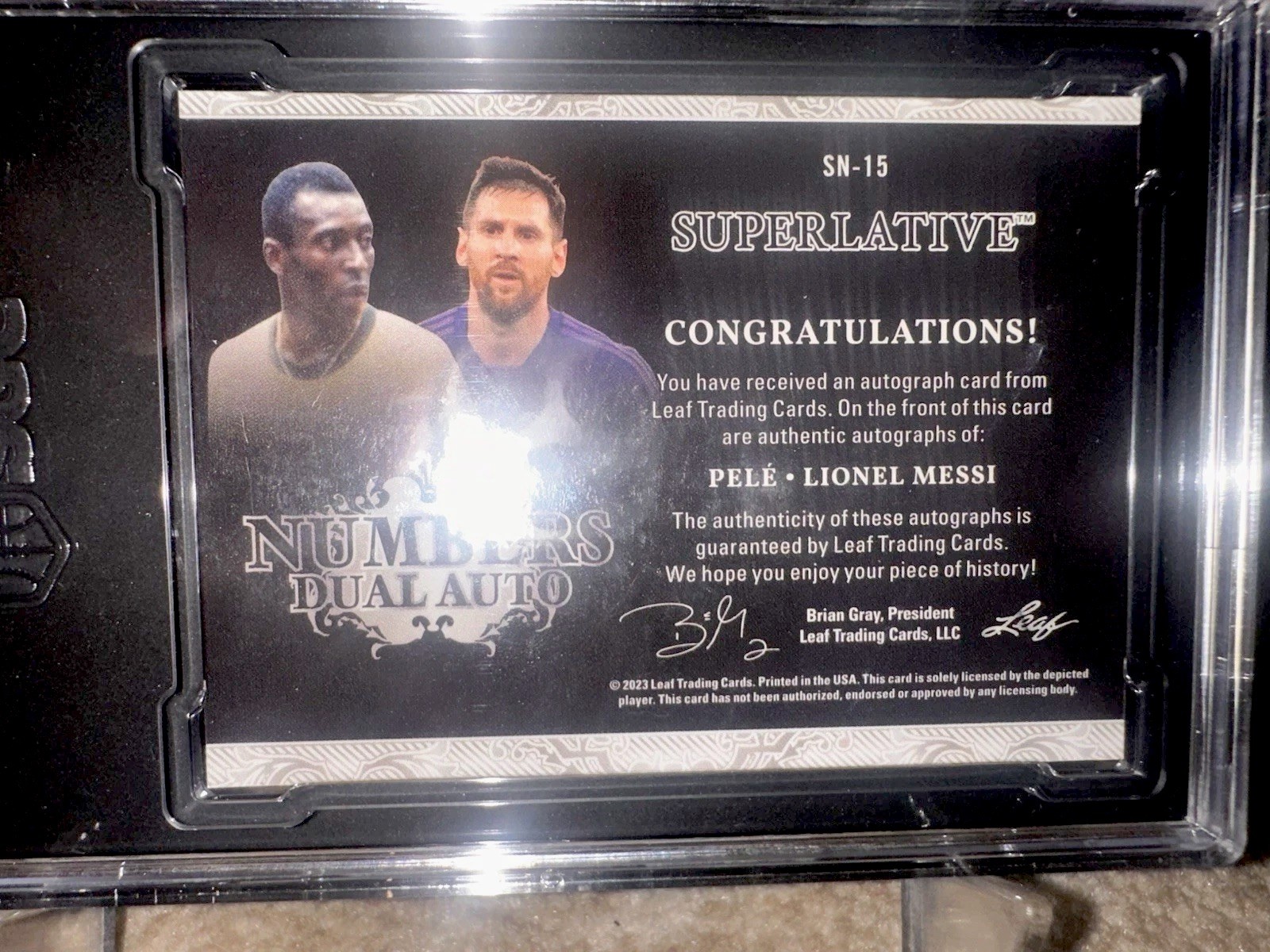 Messi Pele 2023 Leaf Superlative Multi-Sport Numbers Dual Auto 1/5 GOAT Mint 9 view 4