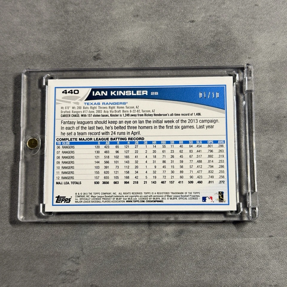 2013 Topps Silver Slate Wrapper Redemption Ian Kinsler/10 Texas Rangers First Foto 2 de 2