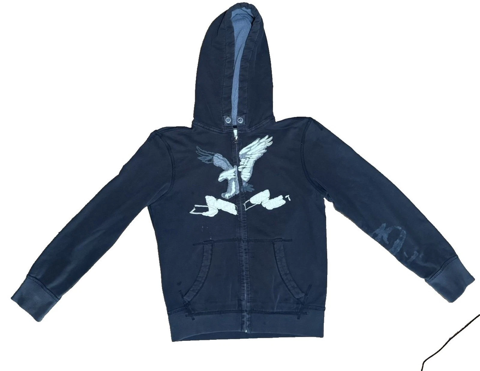Y2K American Eagle Outfitters Full Zip Applique Hoodie Mens M Thermal Faded