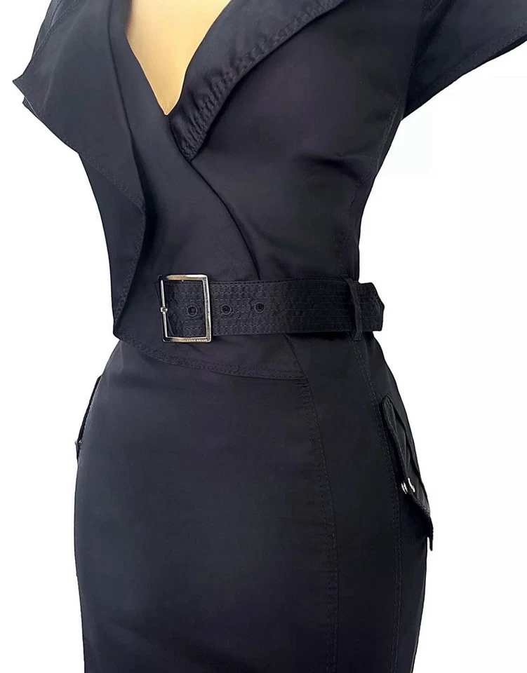 Karen Millen UK 8 VINTAGE BLACK SAFARI BELTED TRENCH SHIRT DRESS - Image 3 of 4