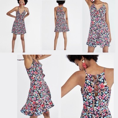 Zara Floral Mini Dress M Medium Blue Ruffle V-Neck Halter Lace Up Back Z1975