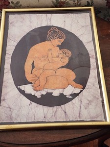 J211.  Batik Art, Woman Breastfeeding Baby.  Framed.