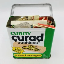 VTG Curity Curad Bandage Metal Tin Box Ouchless New & Improved W/mix Bandaids