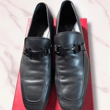 Salvatore Ferragamo Men's Black Leather Crown Loafer Shoes Size 8.5 D
