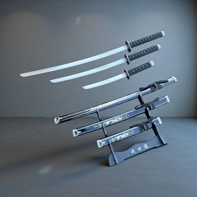3Pc Black Dragon Design Samurai Katana Swords Set Ninja Style with Display Stand