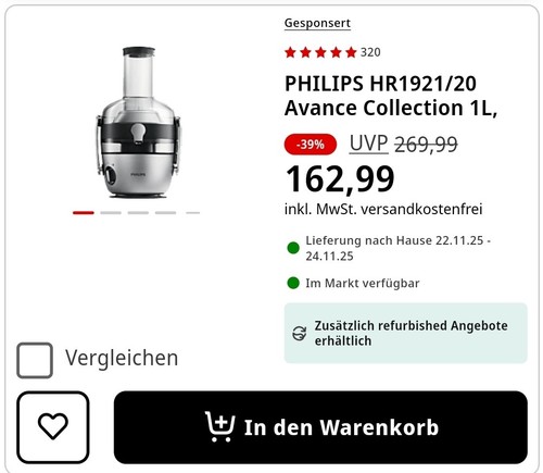 Philips HR1921/20 QuickClean 1100W 2,1L XXL-Einfüllöffnung Zentrifugalentsafter - Bild 3 von 3