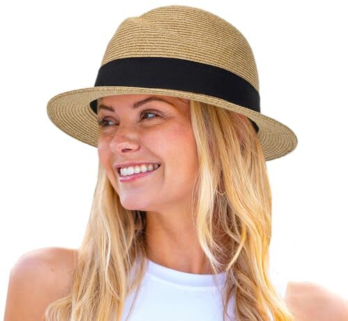 Khaki Fedora Summer Hats Straw Fedora-Sun-Hats For Women Men Summer Short  Brim Roll Up