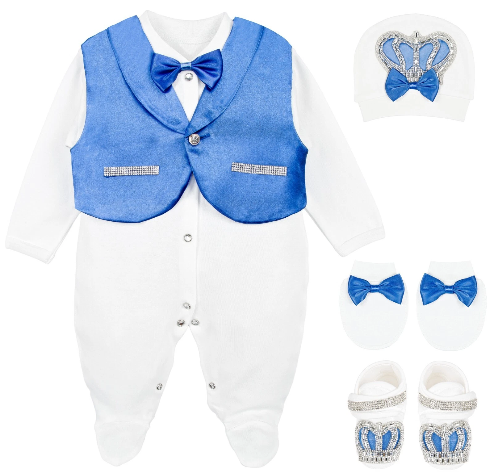 Baby Boy Jewels Crown Tuxedo Outfit Layette 5 Piece Gift Set 0-3 Months