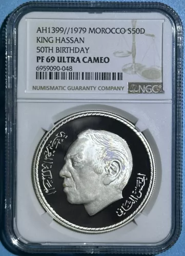 Morocco 1979 50 Dirhams Silver Proof 50th Birthday King Hassan NGC PF69UC 500pcs