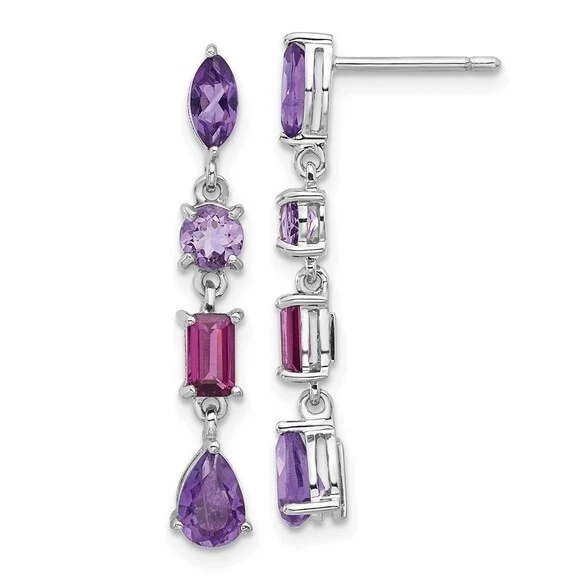 935 Silver 3.12CT Simulated Multi Shaped Amethyst & Ruby Women's Dangle Earrings - Image 2 of 4