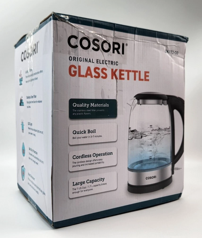 Cosori Electric Kettle with Stainless Steel Filter and Inner Lid, 1500W Wide Opening 1.7L Glass Tea Kettle & Hot Water Boiler, LED Indicator Auto Shut