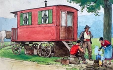 Vintage Drawing Original Art Deco Gouache Illustration, People, Animals Carriage