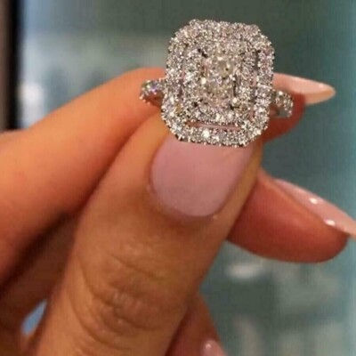 14k White Gold Finish 2Ct Radaint Lab-Created Diamond Engagement Double Ring