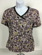 Sketchers Womens Scrub Top Size M Brown w Bows V neck Pockets Short Sleeves