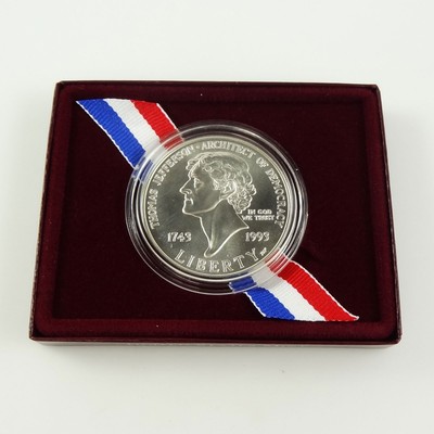 1993 Thomas Jefferson 250th Anniversary Silver Dollar COA