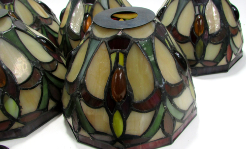 5 x Vtg Tiffany Style Stained Glass Lamp Bells Turtleback Shades ~ 5 3/8"