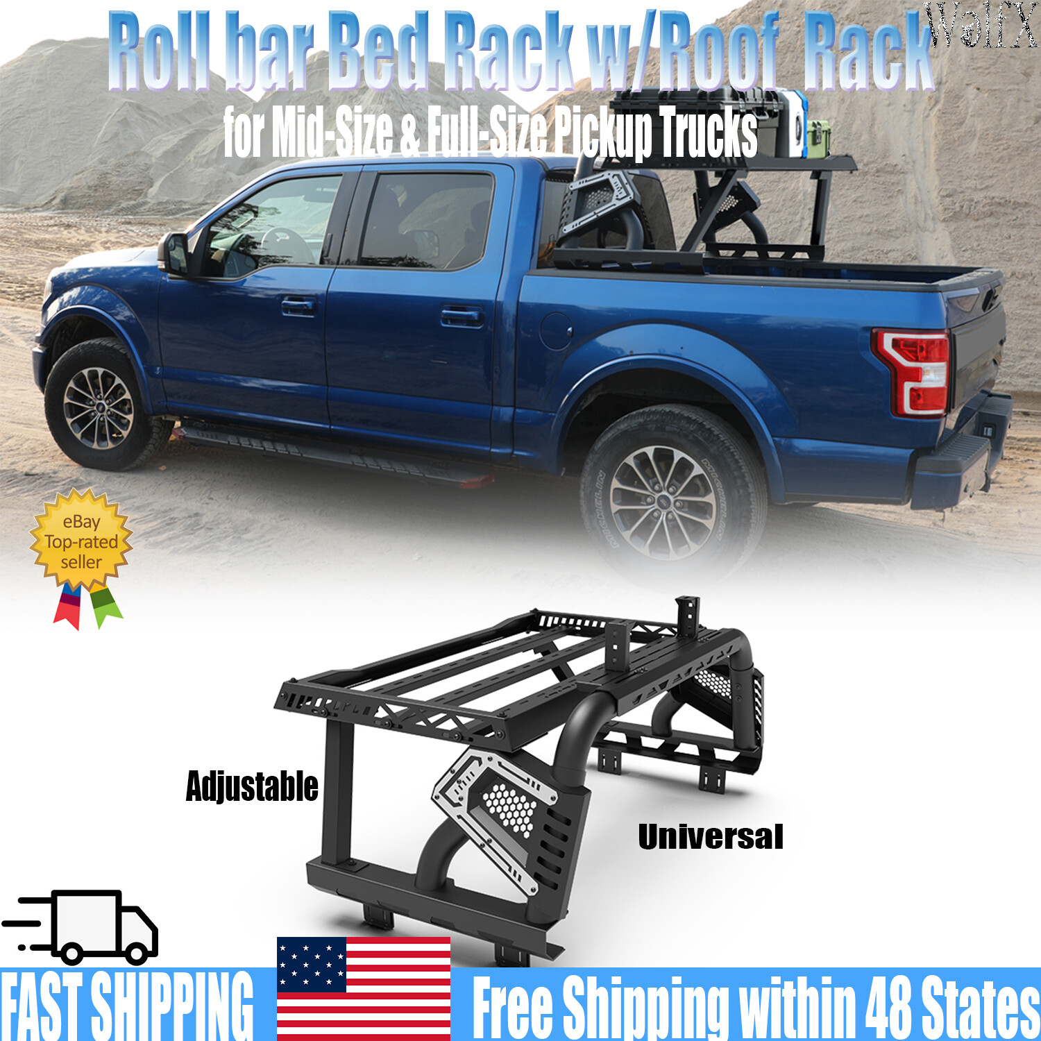 Universal Roll bar Bed Rack w/Roof Rack for Mid-Size & Full-Size Pickup Trucks