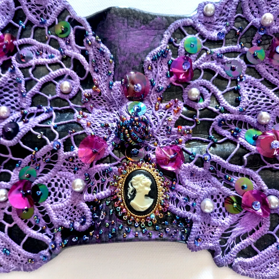 mujer cinturón grande imitación cuero corsé grande lentejuelas real macramé camafeo bordado Foto 2 de 4