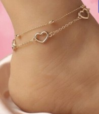 Boho Gold Heart Anklet, Layered Dainty Heart Anklet