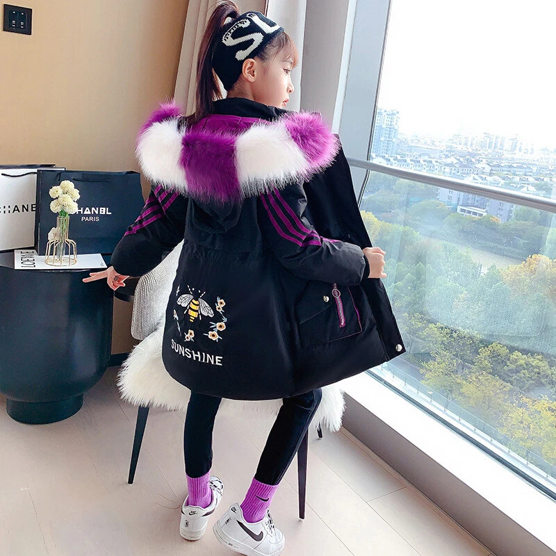 Новый девочек толстое пальто детей с капюшоном с подкладкой толстая парка длинный мех теплая куртка зима - Изображение 3 из 4