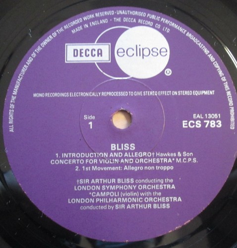 ECS 783 Sir Arthur Bliss Violin Concerto Campoli Bliss NEAR MINT Decca Stereo LP - Picture 2 of 5