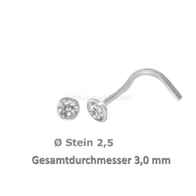925 Silber Nasenpiercing 3,0 mm, Nasenstecker Spirale Zirkonia weiß
