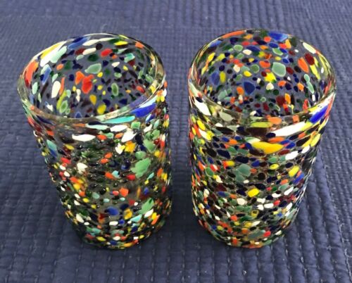 Two Heavy Handblown Multicolor CONFETTI Pebble Glass Tumblers Beverage Glasses - Picture 2 of 5