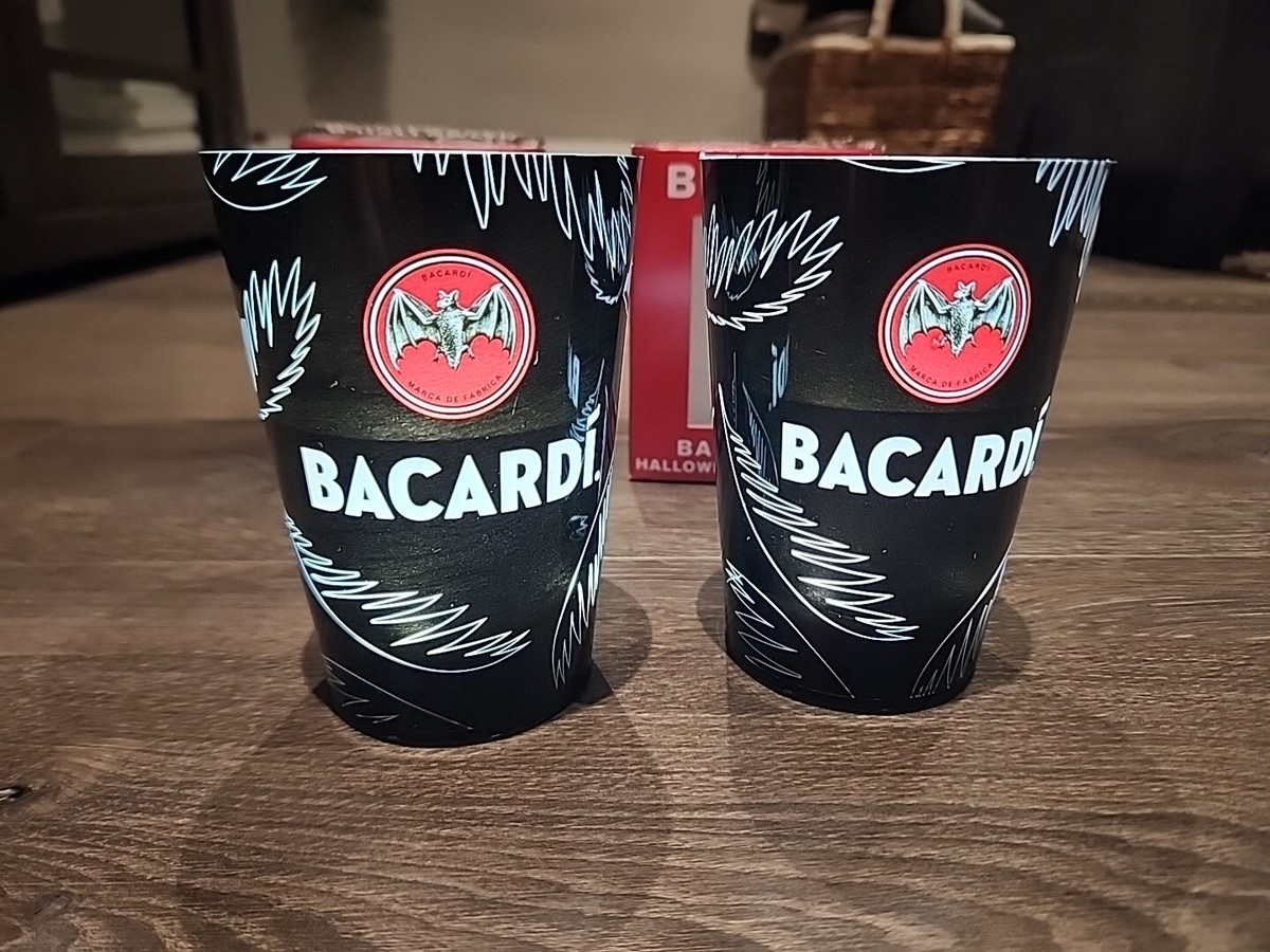 New Bacardi Black Halloween Glow 2 Cups Plastic Red Bat Drink New
