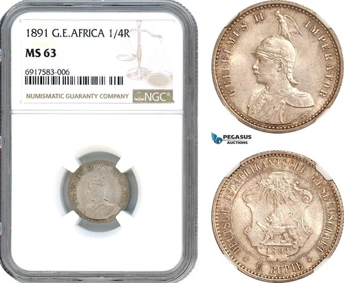 AK238, German East Africa, Wilhelm II, 1/4 Rupie 1891, Berlin Mint, NGC MS63