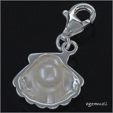 1PC Sterling Silver Genuine Pearl In Shell Clip On European Charm #94187