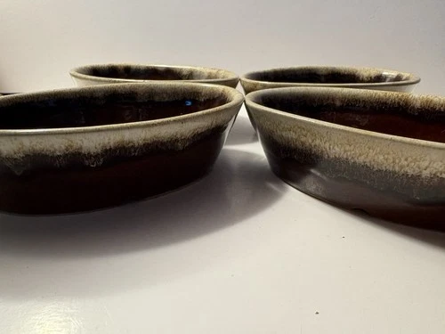Set of 4 Vintage Stoneware Bowl Maple Leaf Monmouth? Pottery Oval 6" x 4" Brown