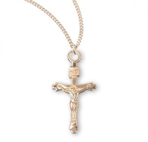 Authentic Flare Tipped Gold Plated Sterling Silver Crucifix Medal Necklace, 18"Chain Boxed