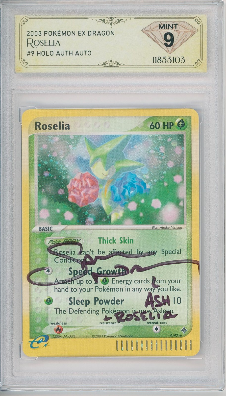 2003 Pokémon EX Dragon ROSELIA #9/97 Sarah Natochenny Auto 💎 DSG 9 Mint