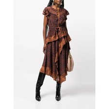 Ulla Johnson Netra Dress Agate Sz 2 Brown Silk Midi Flowy Ruffles Chic Bohemian