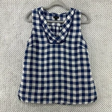 Talbots Top Womens S White Blue Checked Plaid Linen Sleeveless V-Neck Prairie