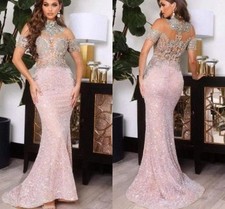 Pearl Embellished Crystal Mermaid Evening Dress Sheer High Neck Satin Ball Gown