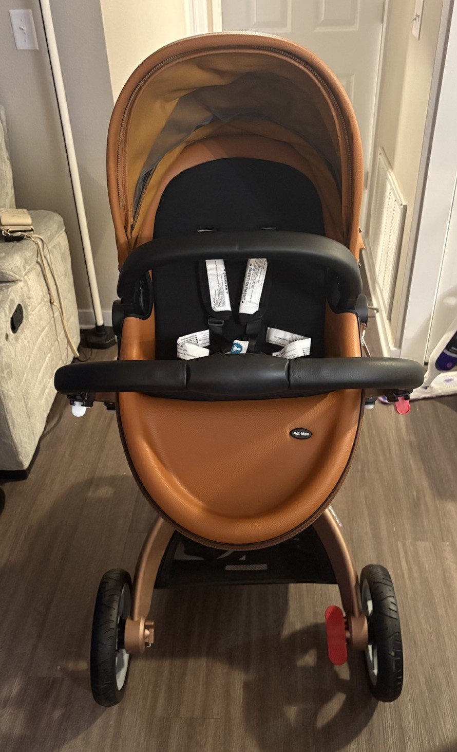 Hot Mom 360 Rotate Baby Stroller 2in1, bassinet PU leather Baby Carriage ,brown