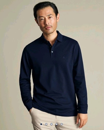 Charles Tyrwhitt men $110 Pique Polo Shirt Navy Blue Long Sleeve Classic