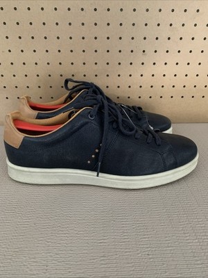 Ecco Shoes Men's 11-11.5 Casual Fashion Sneakers Soft Navy Blue Leather Lace Up