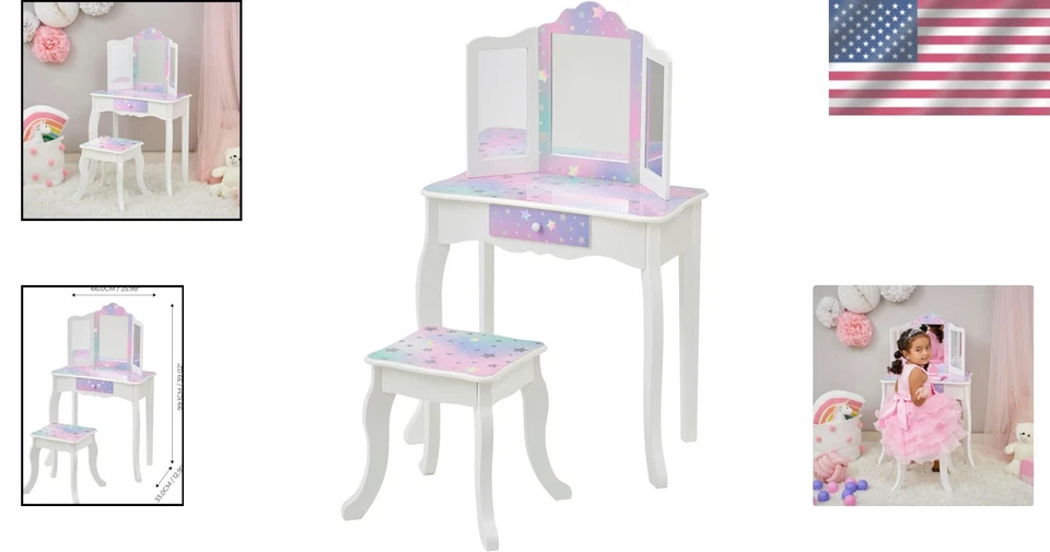 Escritorio tocador para niñas con espejo, cajón de almacenamiento, blanco Foto 2 de 4