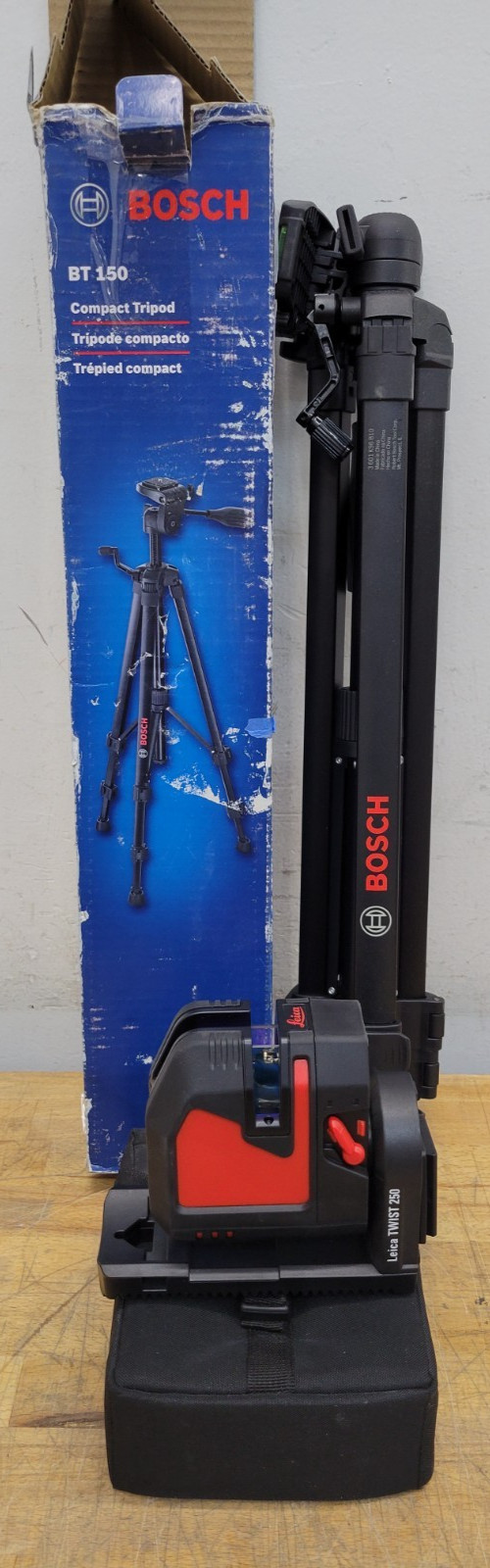 Leica Twist 250 Laser Leveler and Bosch BT150 Tripod - Both New Open Box