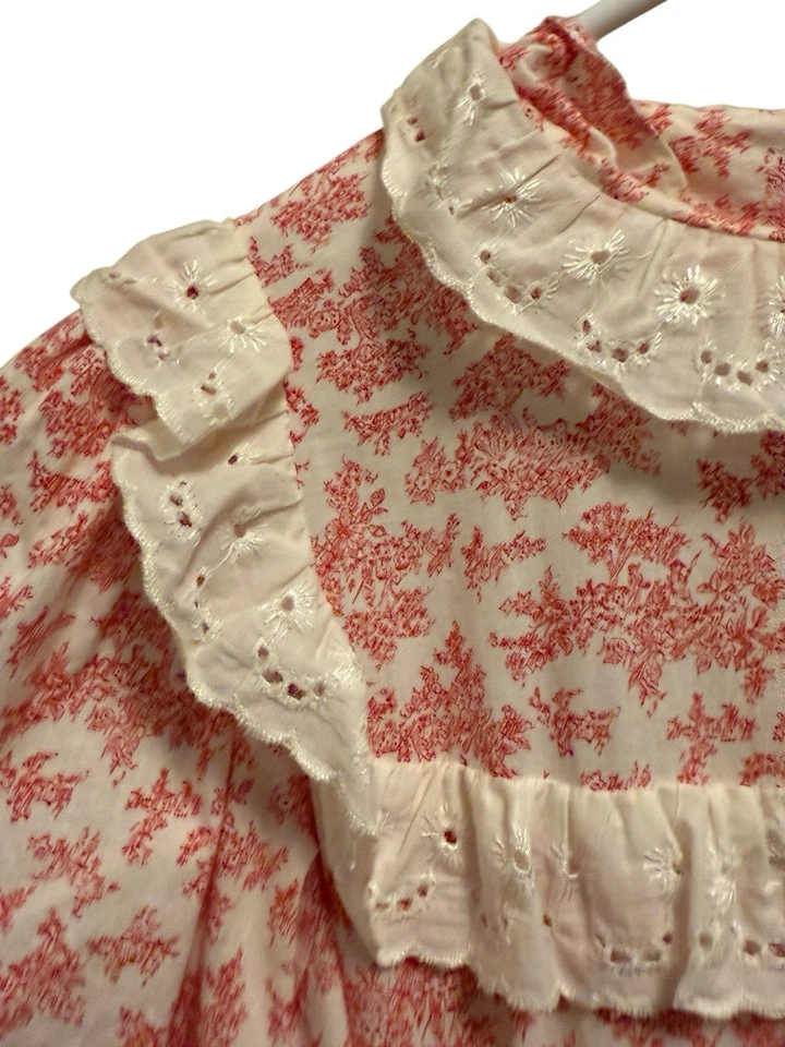 Vestido Pradera Vintage Años 70 Volantes Encaje Toile Cottagecore Rosa Hecho a Mano Pequeño Foto 3 de 4