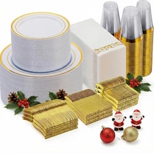 700 Piece Gold Dinnerware Set for 100 Guests, Disposable for Party, Include: ...