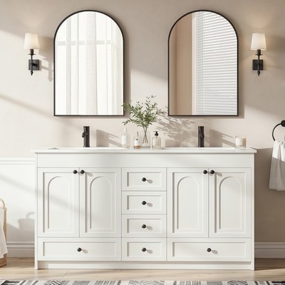 48'' Bathroom Vanity Cabinet with Double Sink Ceramic Basin Vanity Freestanding
