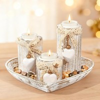 Teelichthalter Set 3-Teilig Holz Herzform Mit Tablett FüR 3 StüCk